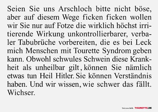 Werbepostkarte zum Tourette-Syndrom mit einem provokanten Text